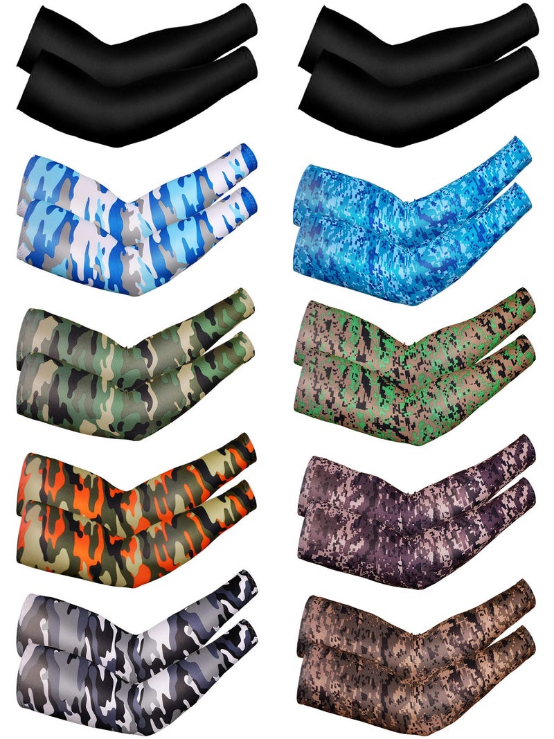 Bememo 10 Pairs Unisex Arm Sleeves for Men Women Elastic UV Protection Arm Cover Ice Silk Cooling Sleeves for Outdoor Driving(Camouflage, Black) - Image 2